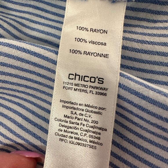 Chicos Womens Collared Full Long Sleeve Blue and White Top Sz 8R - Picture 5 of 8